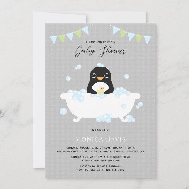 Invitación a Baby Shower en pingüino (Anverso)