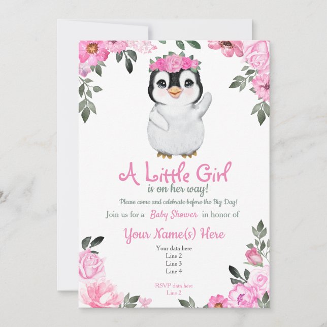 Invitación a Baby Shower en pingüino rosado, rústi (Anverso)