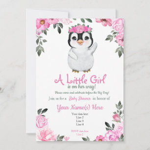 Invitación a Baby Shower en pingüino rosado, rústi