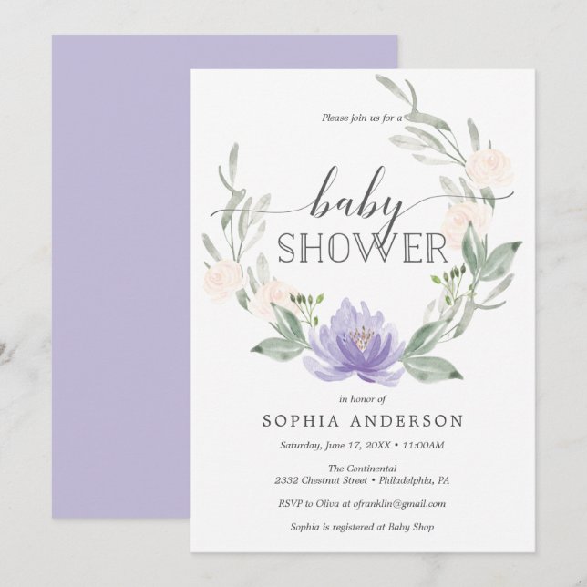 Invitación a Baby Shower en púrpura de Pastel (Anverso / Reverso)