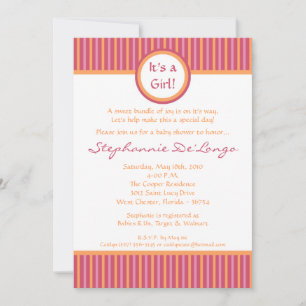 Invitación a Baby Shower en rayas Naranjas y rosas