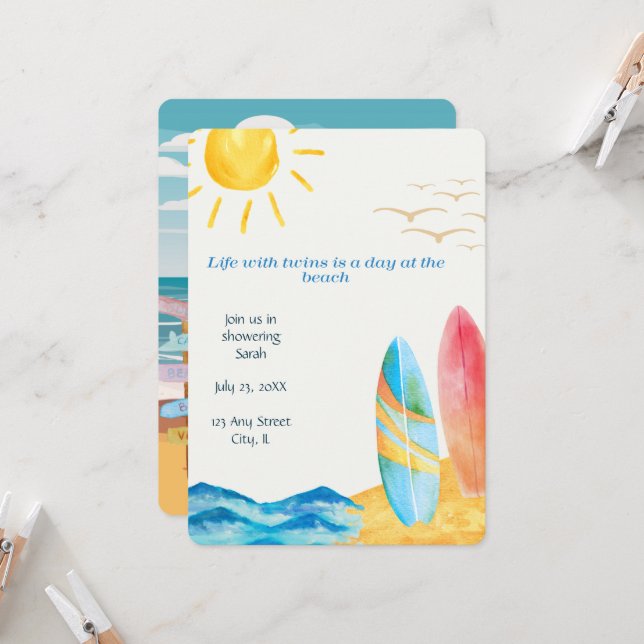 Invitación a Baby Shower en Twin Beach (Anverso/Reverso In Situ)