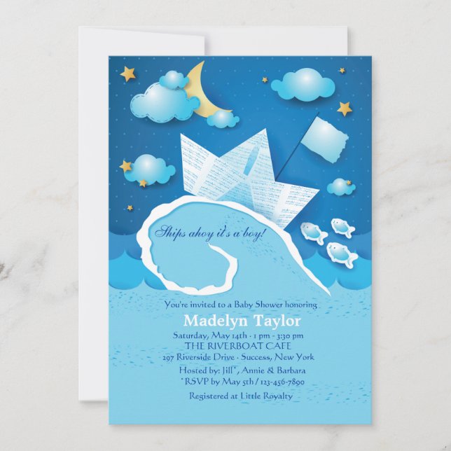 Invitación a Baby Shower en velero de papel (Anverso)
