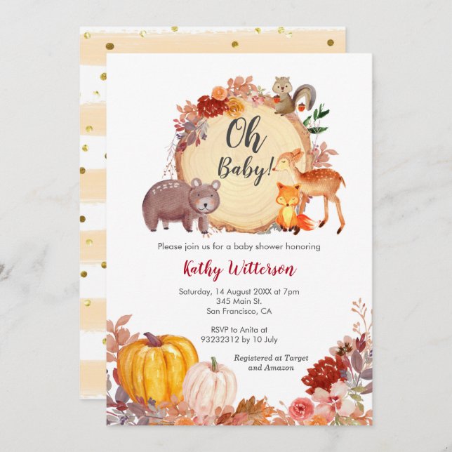 Invitación a Baby Shower Fall Floral Woodland (Anverso / Reverso)