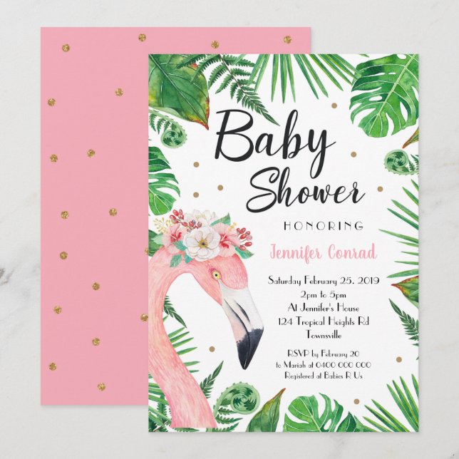 Invitación a Baby Shower Flamingo Tropical (Anverso / Reverso)
