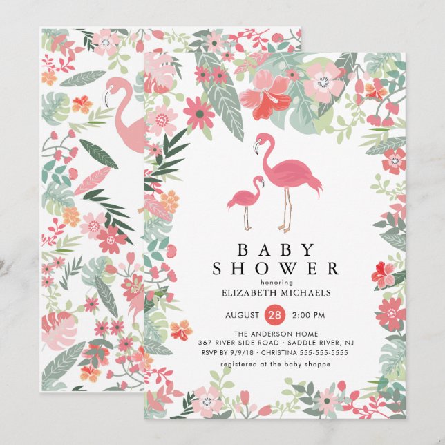 Invitación a Baby Shower Flamingo Tropical (Anverso / Reverso)