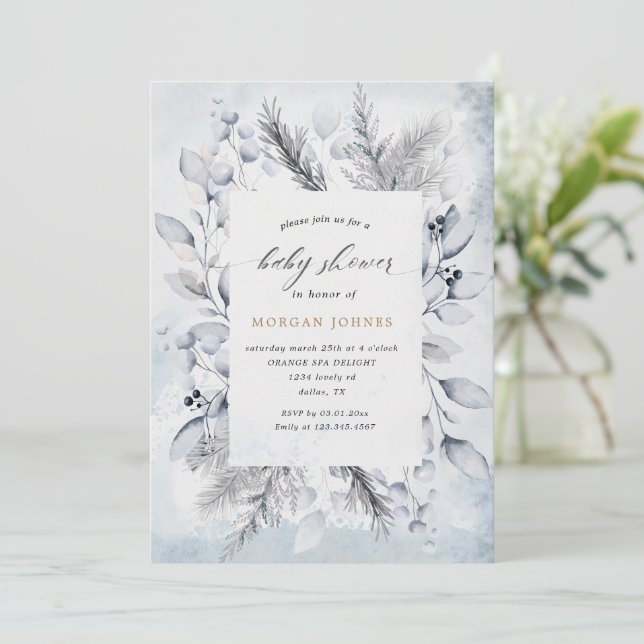 Invitación a Baby Shower Floral Blue Elegant Winte (Anverso de pie)