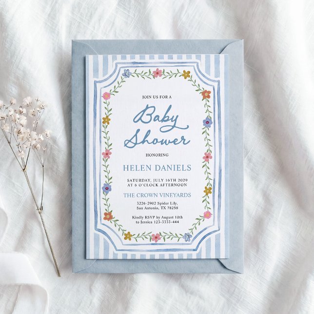 Invitación a baby shower floral con rayas azules (Subido por el creador)