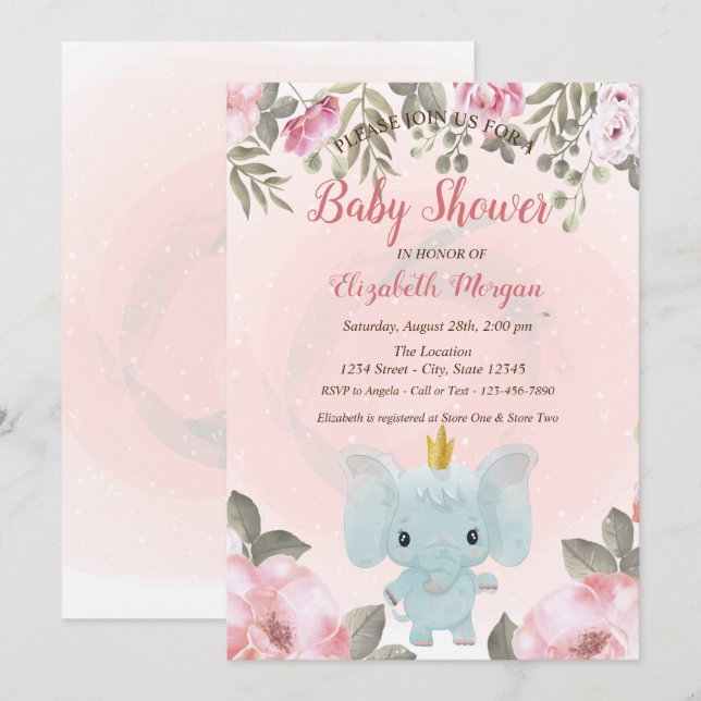 Invitación a Baby Shower floral de Baby Elephant C (Anverso / Reverso)