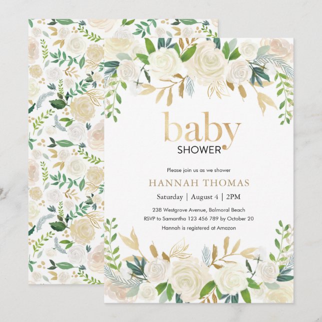 Invitación a Baby Shower| Floral de blanco y dorad (Anverso / Reverso)