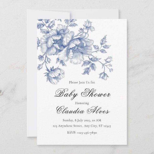 Invitación a Baby Shower Floral de Blue Chinoiseri (Anverso)