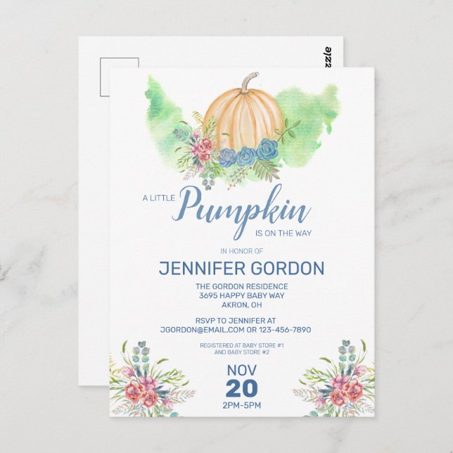 Invitación a Baby Shower floral de calabaza azul (Anverso / Reverso)