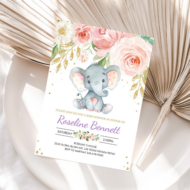 Invitación a Baby Shower Floral de Elefante Morado (Subido por el creador)