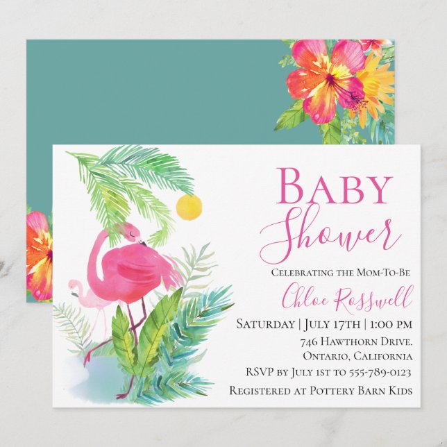 Invitación a Baby Shower floral de Flamingo (Anverso / Reverso)