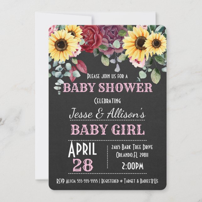 Invitación a Baby Shower floral de girasol/Rosa ru (Anverso)