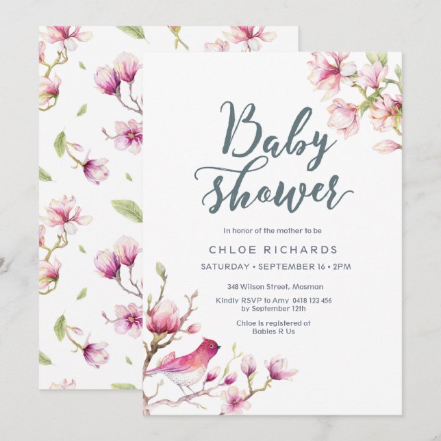 Invitación a Baby Shower floral de magnolia rosa (Anverso / Reverso)