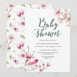 Invitación a Baby Shower floral de magnolia rosa