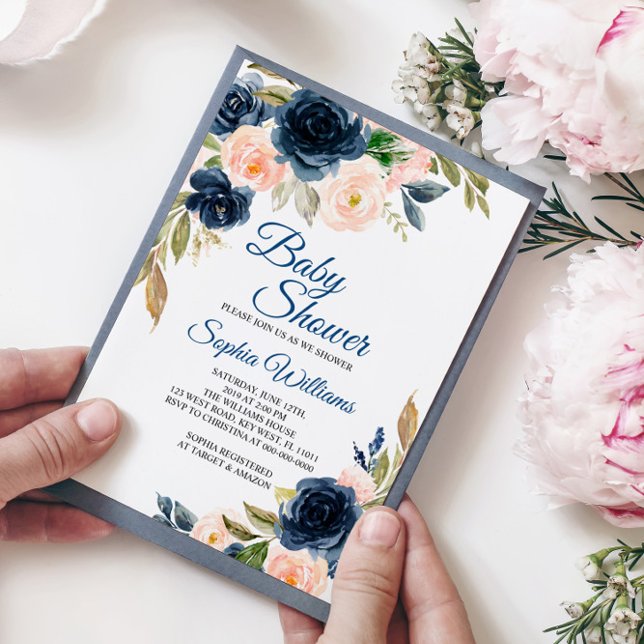 Invitación a Baby Shower Floral de Navy Blue y Rub (Subido por el creador)