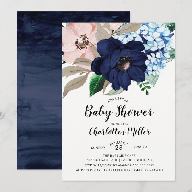 Invitación a Baby Shower Floral de Navy Blue y Rub (Anverso / Reverso)