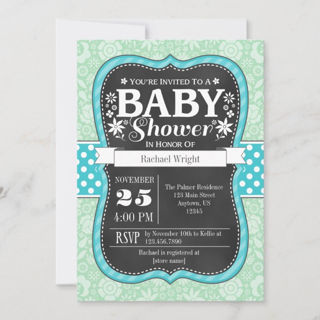 Invitación a Baby Shower floral de pizarra Verde a (Anverso)