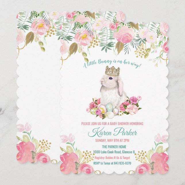 Invitación a Baby Shower floral de un conejito (Anverso / Reverso)
