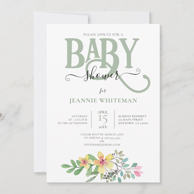 Invitación a BABY SHOWER floral GÉNERO NEUTRAL (Anverso)