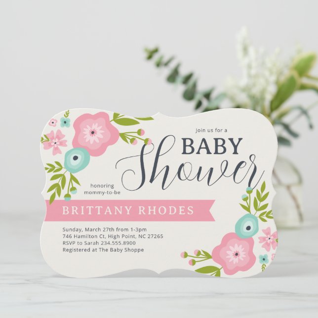 Invitación a Baby Shower floral moderna (Anverso de pie)