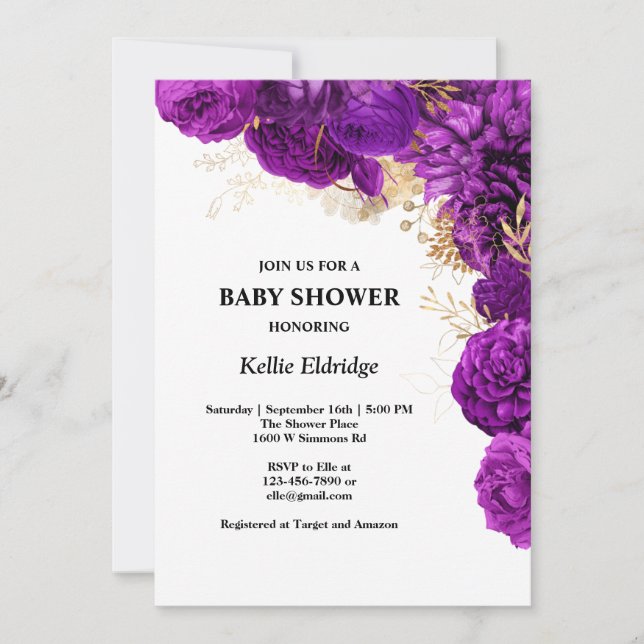 Invitación a Baby Shower Floral Purple And Gold (Anverso)
