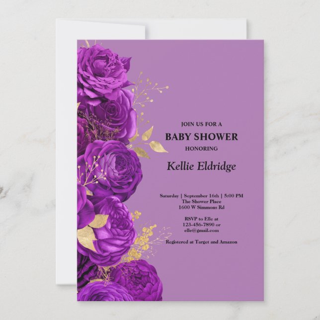 Invitación a Baby Shower Floral Purple And Gold (Anverso)