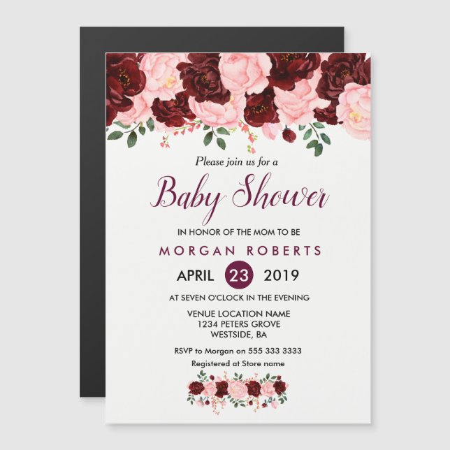 Invitación a Baby Shower: Floral rosa borgoñona Ru (Anverso/Reverso)