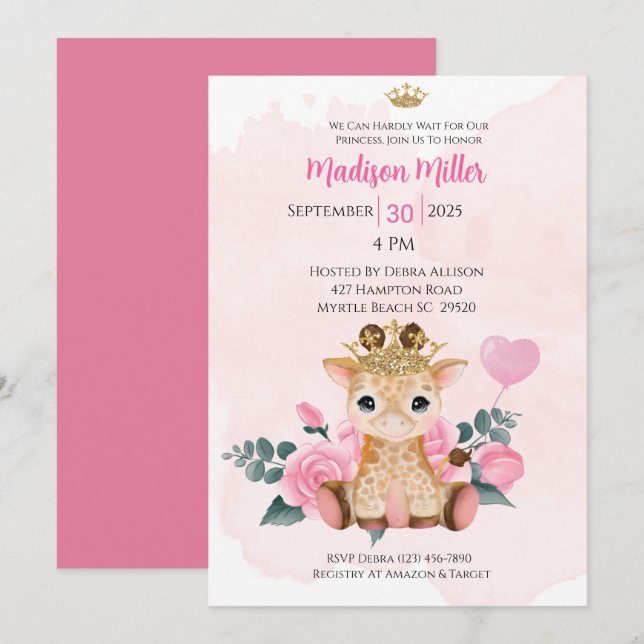 Invitación a Baby Shower floral rosa de la princes (Anverso / Reverso)