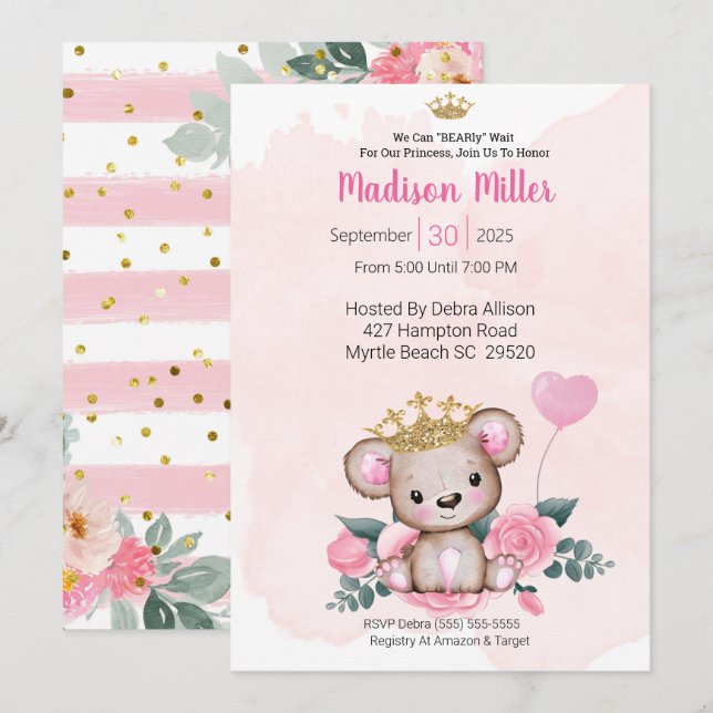 Invitación a Baby Shower floral rosa del oso princ (Anverso / Reverso)