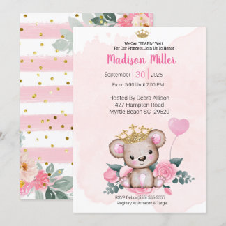 Invitación a Baby Shower floral rosa del oso princ