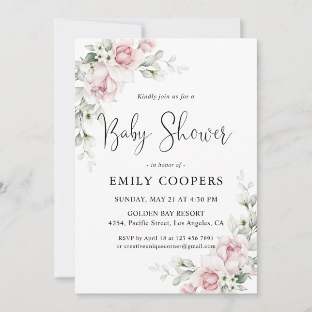 Invitación a Baby Shower Floral Rosa Sonrojado (Anverso)