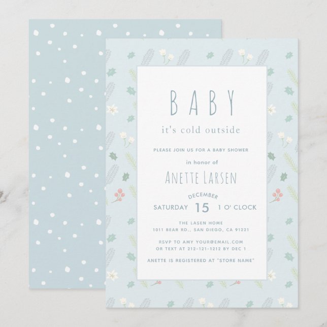 Invitación a Baby Shower Floral y follaje azul (Anverso / Reverso)