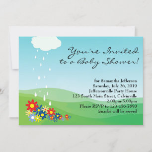 Invitación a Baby Shower, flores primarias y lluvi