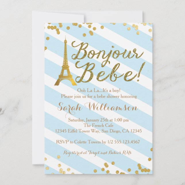 Invitación a Baby Shower francesa de Bonjour Bebe  (Anverso)