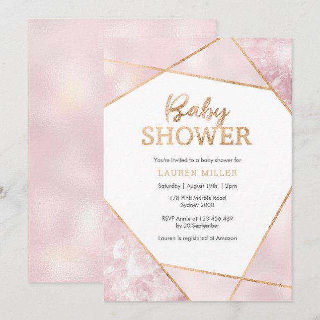 Invitación a Baby Shower Geo Pink and Gold (Anverso / Reverso)