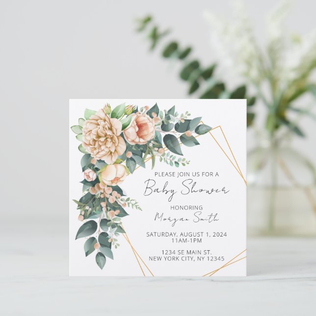 Invitación a Baby Shower geométrica de la vegetaci (Anverso de pie)