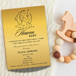Invitación a Baby Shower Gold Moon Stars