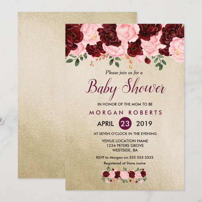 Invitación a Baby Shower Gold Rubor Burgundy Flora (Anverso / Reverso)