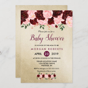 Invitación a Baby Shower Gold Rubor Burgundy Flora
