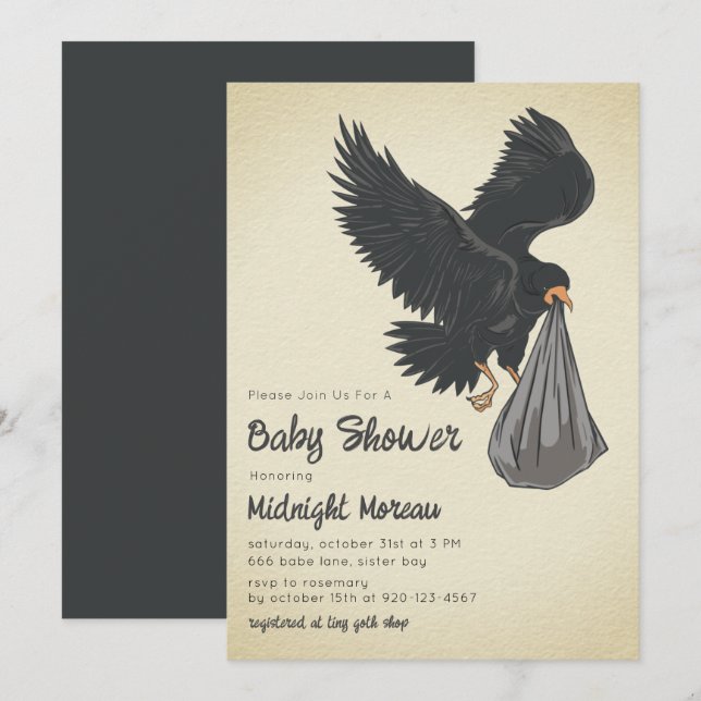 Invitación a Baby Shower gótica de Crow (Anverso / Reverso)