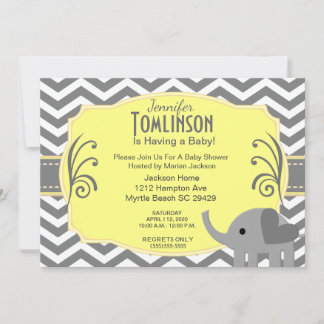 Invitación a Baby Shower gris neutro y amarillo