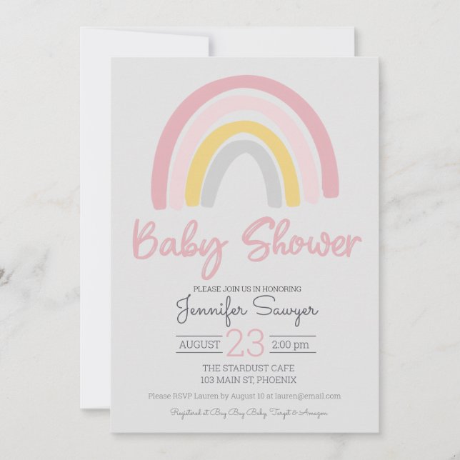 Invitación a Baby Shower gris rosa arco iris rosa (Anverso)