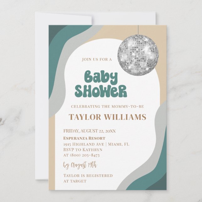 Invitación a Baby Shower Groovy Disco (Anverso)