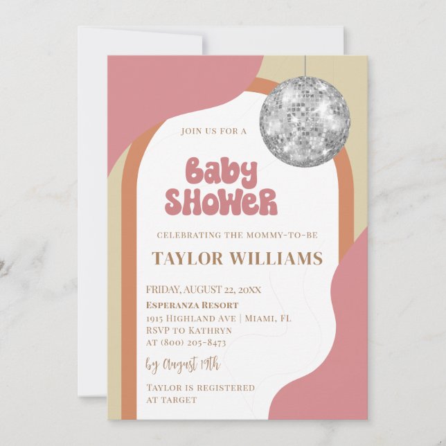 Invitación a Baby Shower Groovy Disco (Anverso)