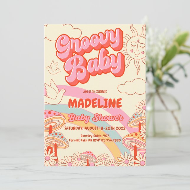Invitación a Baby Shower Groovy Retro (Anverso de pie)