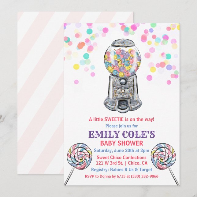 Invitación a Baby Shower Gumball Candy Sweet (Anverso / Reverso)