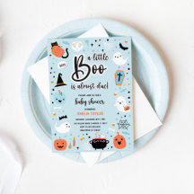 Invitación a baby shower - Halloween azul y naranj